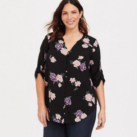Torrid Size 5X Harper Challis Button Front 3/4 Sleeve Blouse Black Floral Rayon - Picture 1 of 10